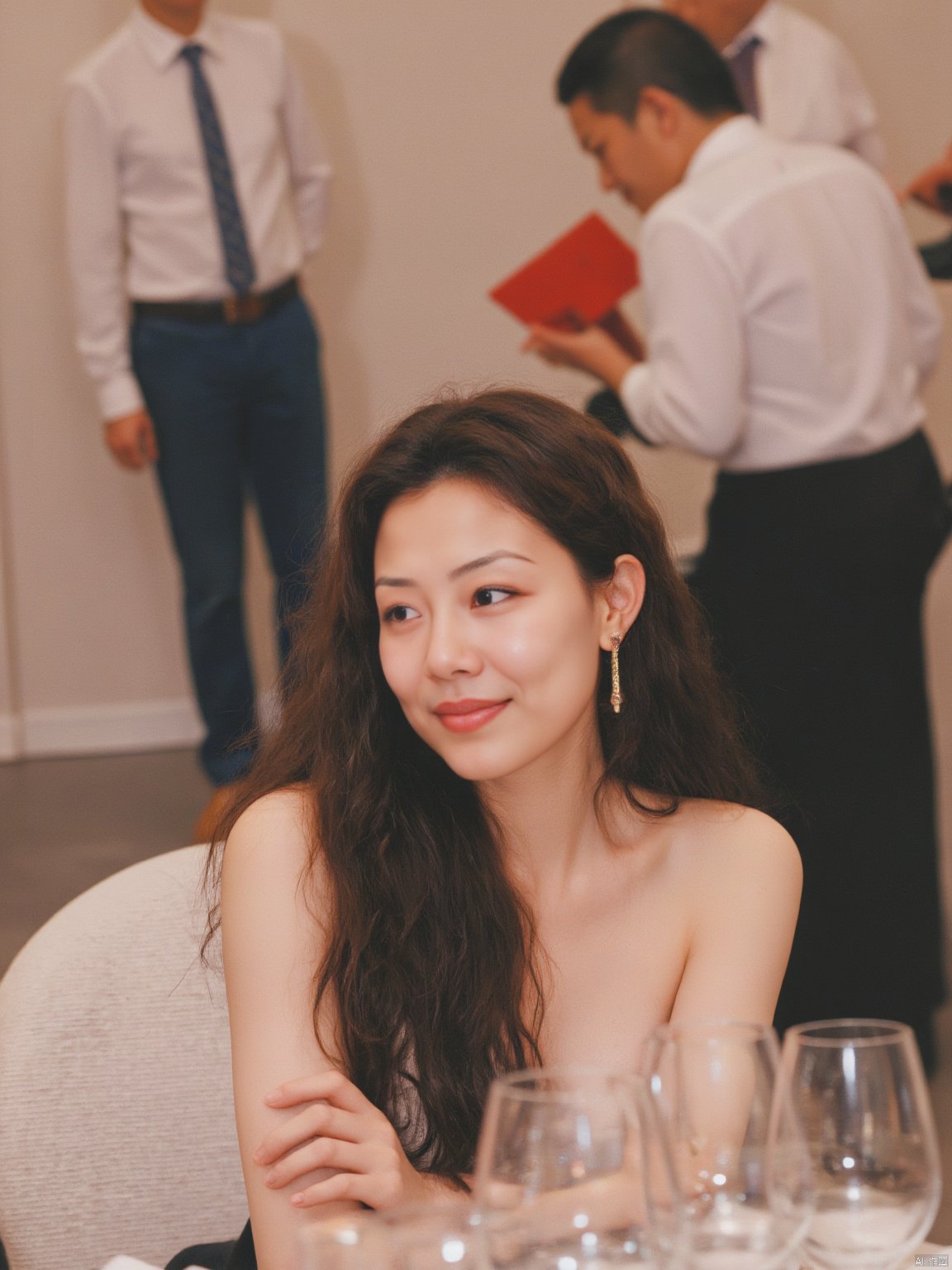 a woman with long brown hair, dressed in a strapless dress, is seated at a table with a smile on her face. She is adorned with gold earrings and a black belt. The woman's left arm is resting on a white chair, while her right arm rests on the table. In the background, a man in a white shirt and blue tie can be seen, his head tilted slightly to the left of the frame. To the right of the woman, a group of wine glasses are placed on a table, adding a touch of color to the scene.
