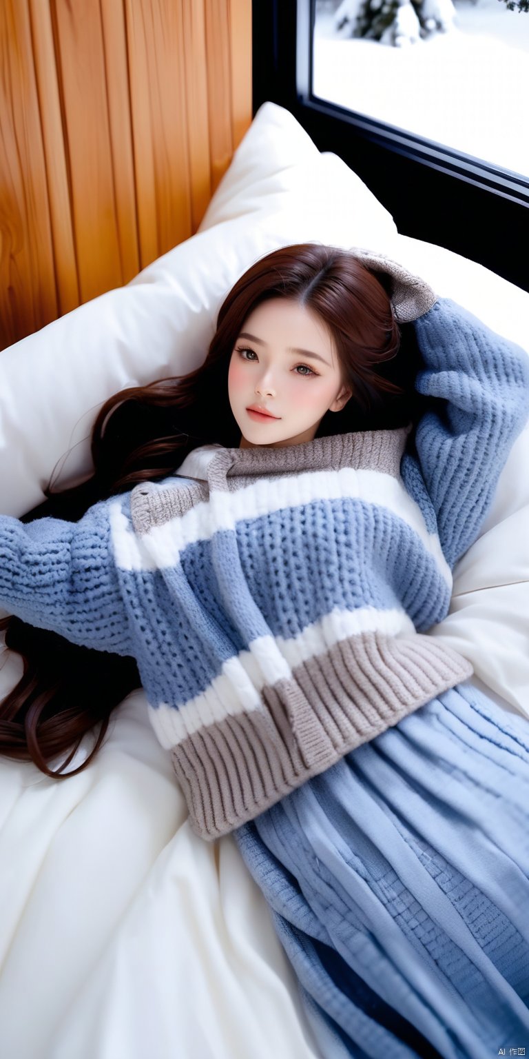 最佳质量,杰作,a doll with long brown hair is lying on a bed in the snow. She is wearing a gray and blue knitted skirt, a gray hoodie, and blue gloves. Her hands are raised in the air, adding a touch of warmth to the scene. The doll's body is positioned in a relaxed position, with her head turned to the side. Her left hand is resting on a white pillow, while her right hand rests on her hip. The bed is covered in a soft white blanket, and the backdrop is a snow-covered forest.