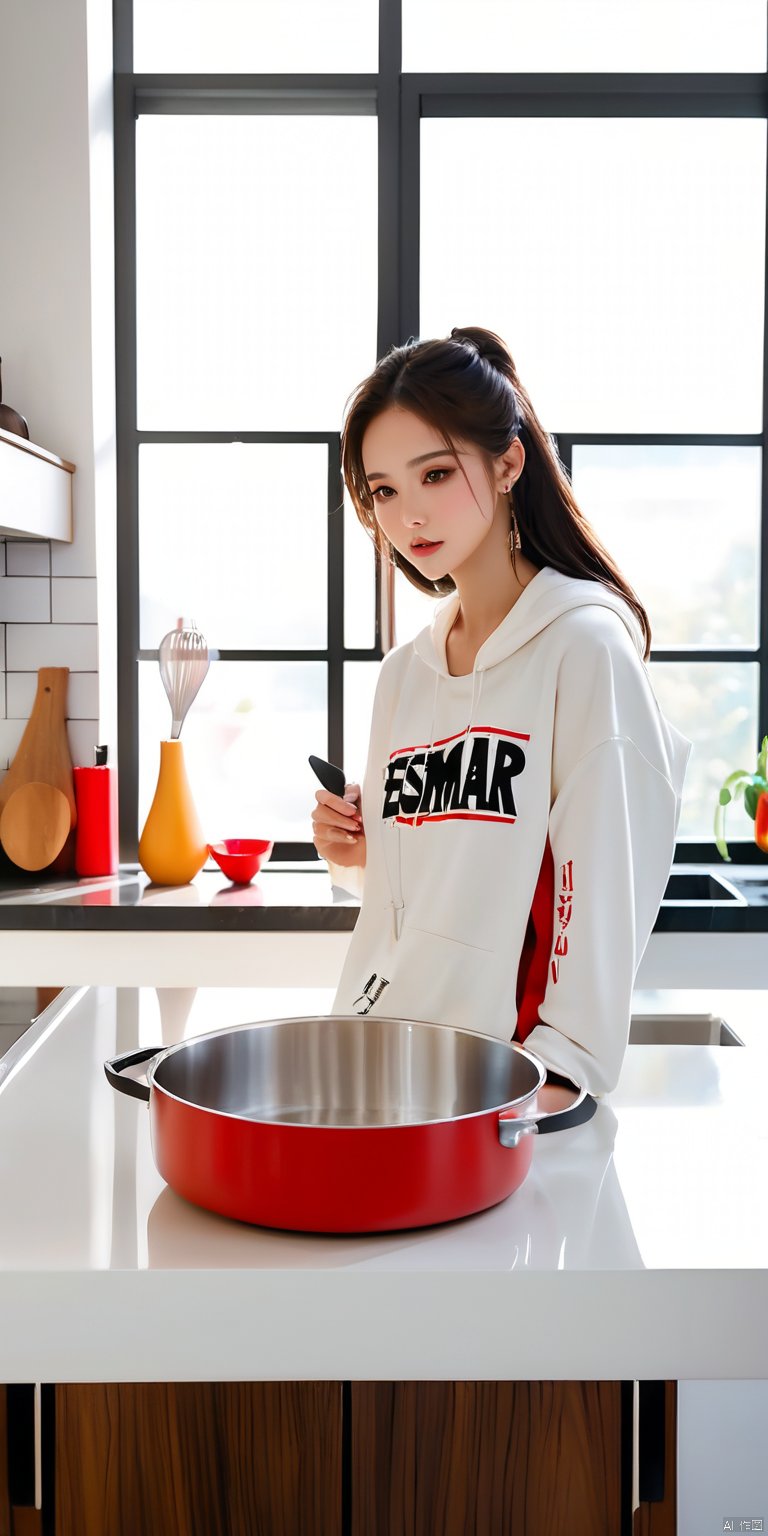 最佳质量,杰作,a young Asian woman is seated on a kitchen counter, adorned with a white hoodie and a white t-shirt adorned with the word "ESEMAR" in red letters. Her long brown hair is pulled back, cascading down her shoulders, framing her face. She is wearing a silver necklace, adding a pop of color to her outfit. The counter is adorned with various kitchen utensils, including a white mug, a black fork, and a bottle of soap. The backdrop is a stark white wall, with a large window that allows a view of the outside.