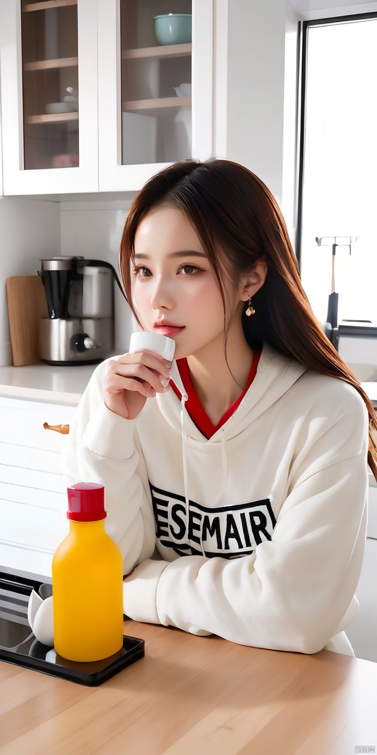 最佳质量,杰作,a young Asian woman is seated on a kitchen counter, adorned with a white hoodie and a white t-shirt adorned with the word "ESEMAR" in red letters. Her long brown hair is pulled back, cascading down her shoulders, framing her face. She is wearing a silver necklace, adding a pop of color to her outfit. The counter is adorned with various kitchen utensils, including a white mug, a black fork, and a bottle of soap. The backdrop is a stark white wall, with a large window that allows a view of the outside.