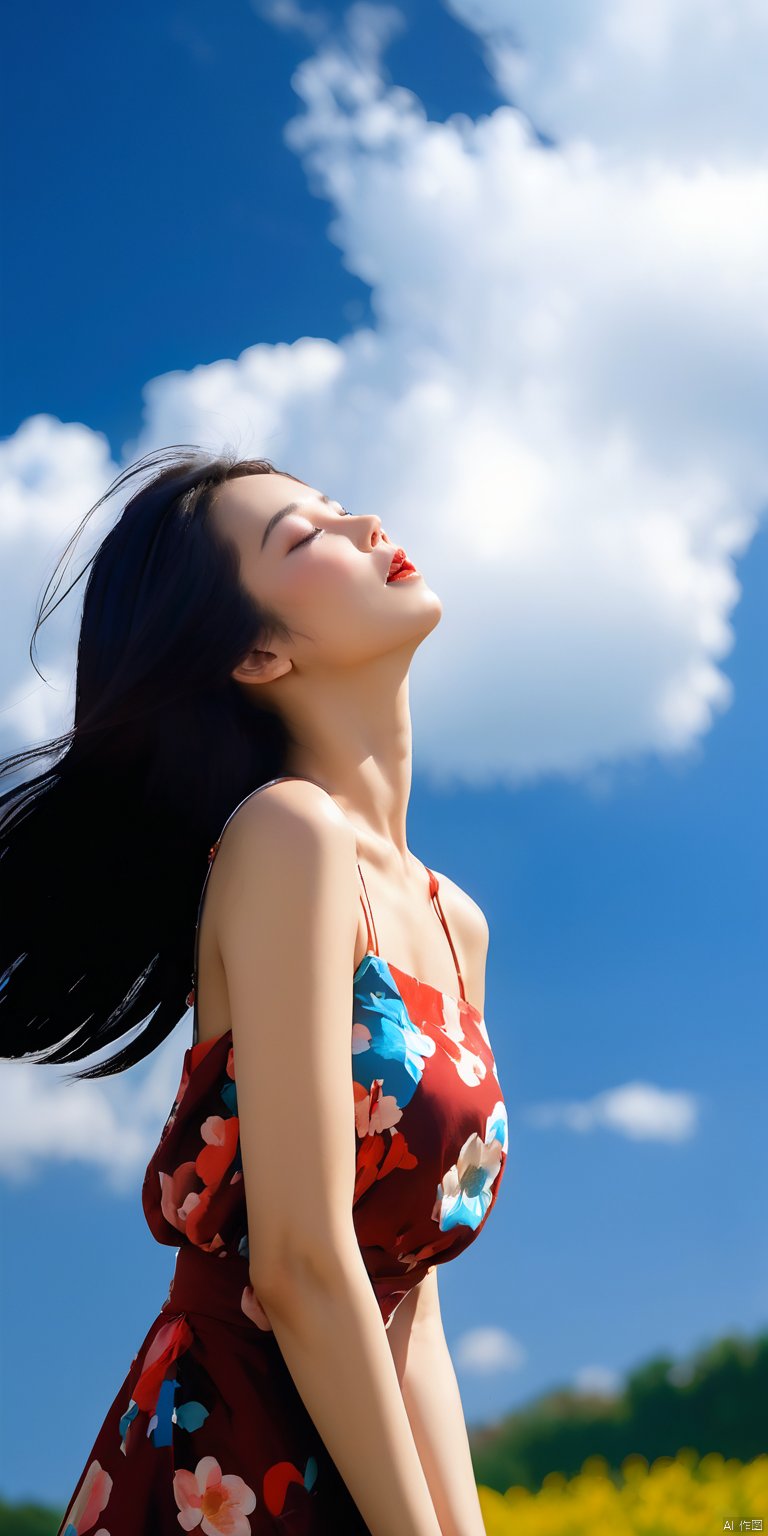 最佳质量,杰作,a young Asian woman stands with her arms raised in the air, her eyes closed. She is wearing a sleeveless dress adorned with a floral pattern. Her hair is dark brown, and her lips are a vibrant red. The sky behind her is a deep blue, and a thin white cloud is visible in the upper right corner of the frame.