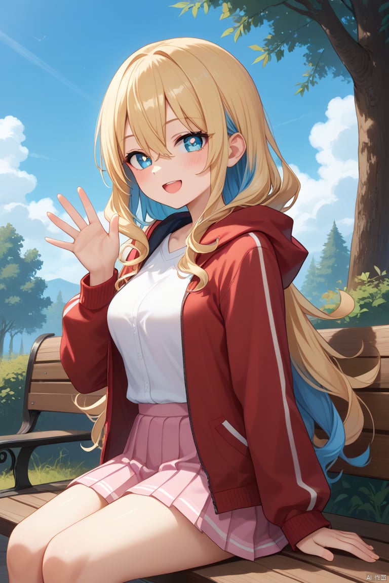 score_9,score_8_up,score_7_up,score_6_up,source_anime, 1girl, solo, long hair, breasts, looking at viewer, blush, smile, open mouth, bangs, blue eyes, skirt, blonde hair, shirt, long sleeves, hair between eyes, sitting, very long hair, blue hair, jacket, white shirt, :d, multicolored hair, pleated skirt, outdoors, open clothes, sky, day, cloud, hand up, hood, miniskirt, from side, two-tone hair, open jacket, tree, blue sky, symbol-shaped pupils, hoodie, hood down, hooded jacket, red jacket, pink skirt, curly hair, waving, bench, cross-shaped pupils, on bench, nia teppelin