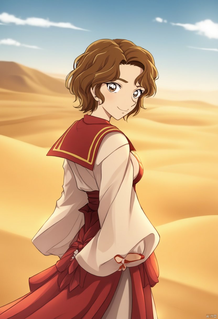 anime style, best quality, a brown-haired beauty stands alone in the desert, numerous details, masterpiece, highest quality，Momiji