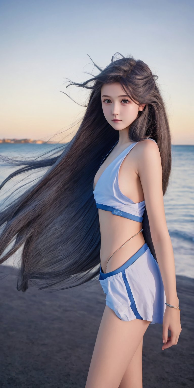 Best quality,  masterpiece,  ultra high res,  photorealistic,  ((medium shot)),  raw photo,  a young girl,  17 year old,  long hair in the wind,  grey eyes,  perfect body pose,  dynamic lighting,  in the dark,  deep shadow,  cinematic image, blue beach background, 