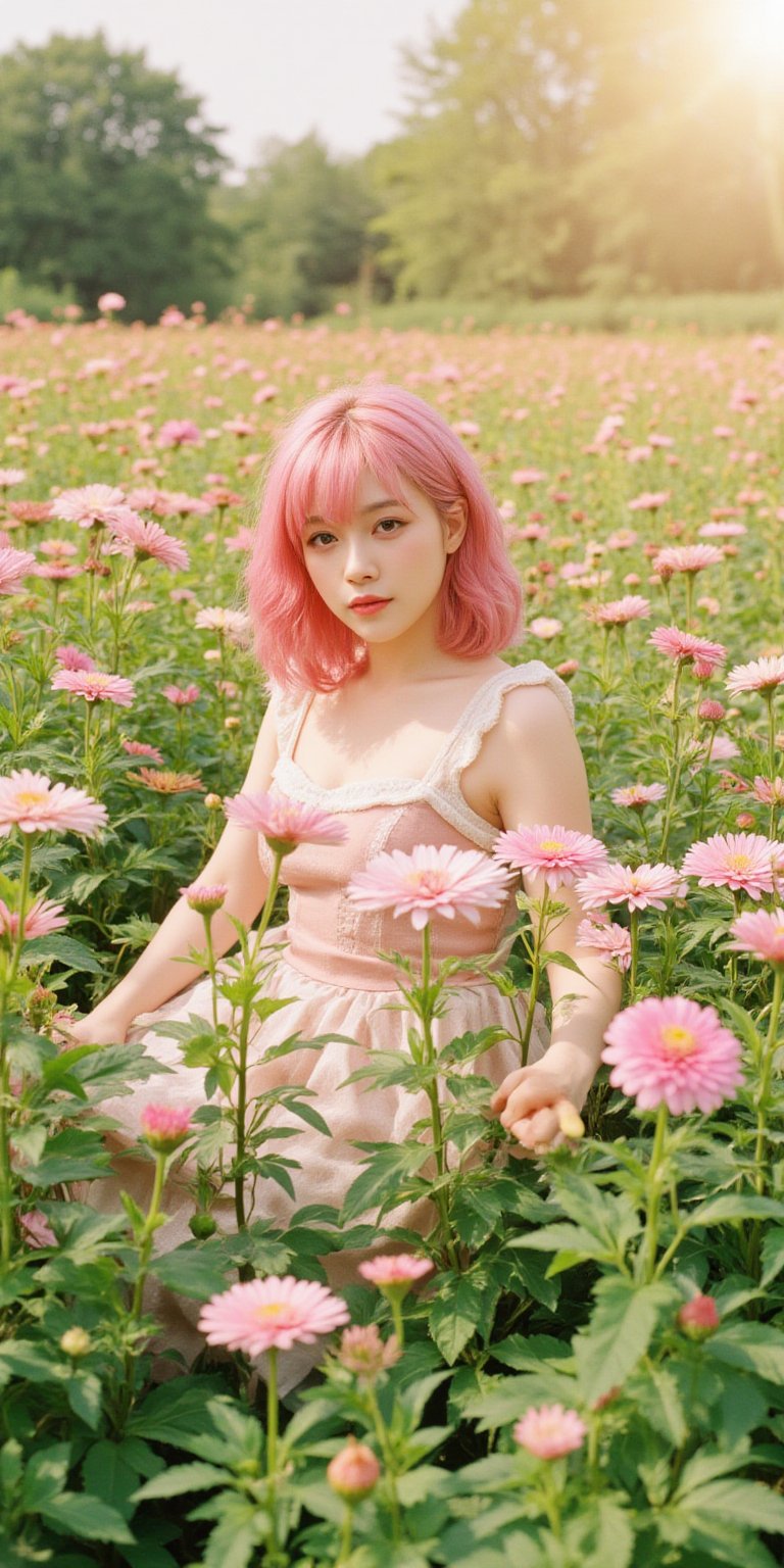 A whimsical portrait of a woman with vibrant pink hair, dressed in a delicate doll-inspired dress, surrounded by a sea of blooming chrysanthemums in full sunlight. She poses amidst the flowers, her bright locks and dainty attire harmonizing with the warm rays of the sun, casting a soft glow on the lush greenery.