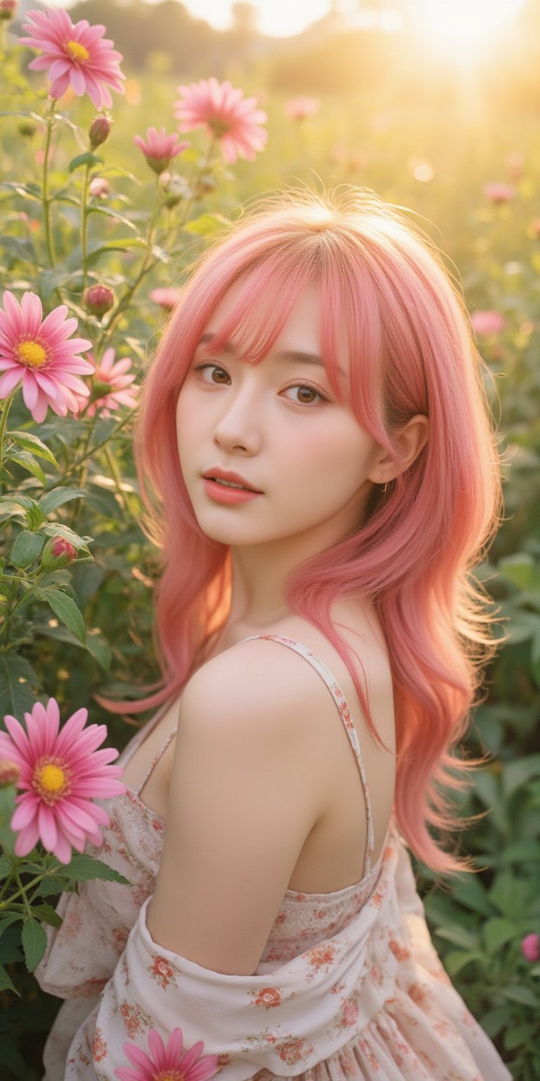 A whimsical portrait of a woman with vibrant pink hair, set against a radiant backdrop of blooming chrysanthemums in full sunlight. The delicate doll-inspired dress she wears blends seamlessly with the gentle petals, as warm rays of the sun illuminate her bright locks and dainty attire, casting a soft glow on the lush greenery that surrounds her.