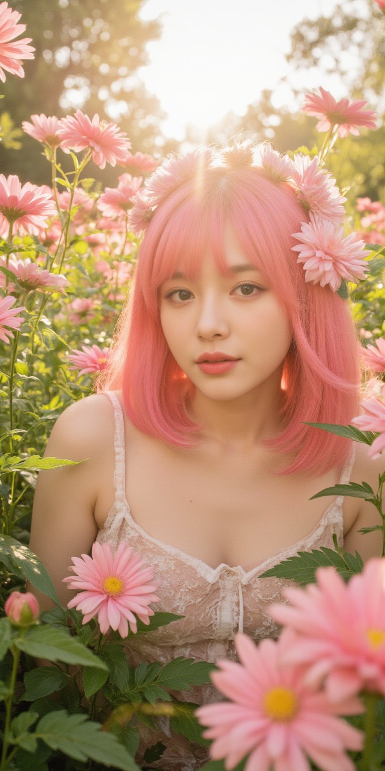 A whimsical portrait of a woman with vibrant pink hair, set against a radiant backdrop of blooming chrysanthemums in full sunlight. The delicate doll-inspired dress she wears blends seamlessly with the gentle petals, as warm rays of the sun illuminate her bright locks and dainty attire, casting a soft glow on the lush greenery that surrounds her.