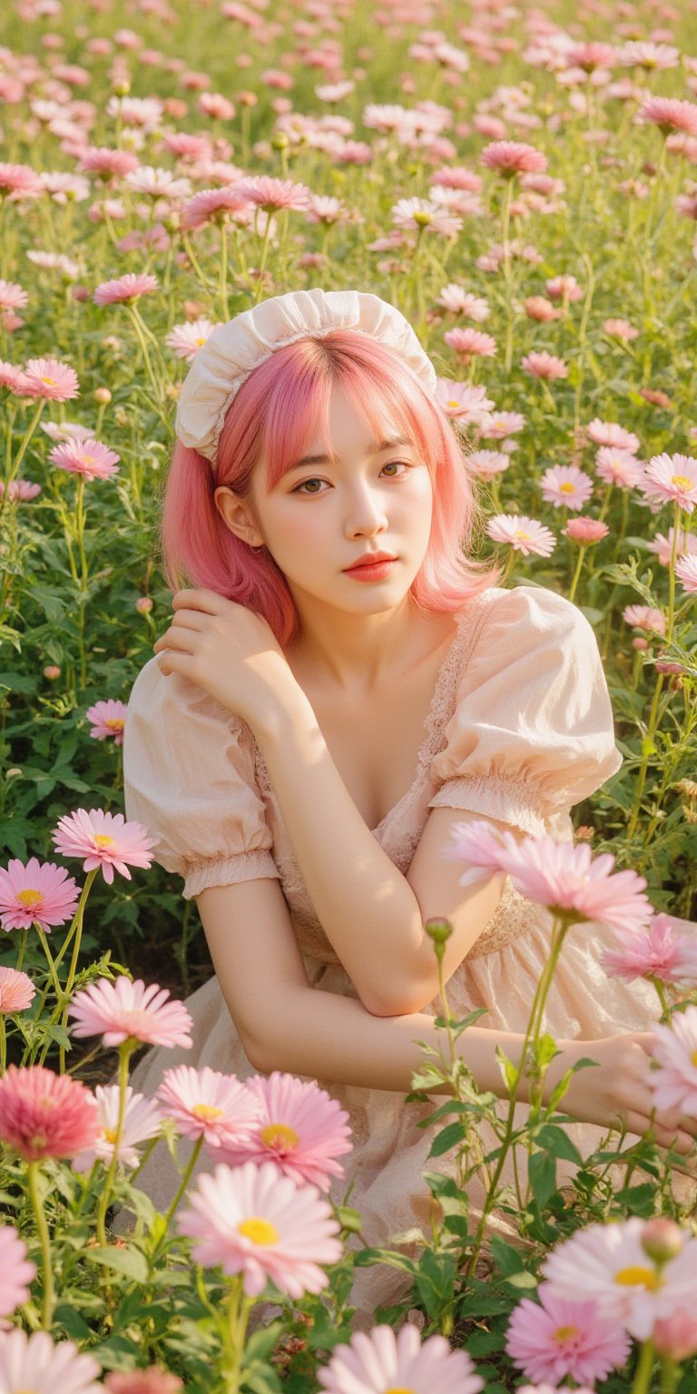 A whimsical portrait of a woman with vibrant pink hair, dressed in a delicate doll-inspired dress, surrounded by a sea of blooming chrysanthemums in full sunlight. She poses amidst the flowers, her bright locks and dainty attire harmonizing with the warm rays of the sun, casting a soft glow on the lush greenery.