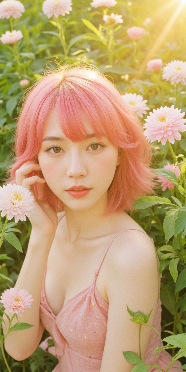 A whimsical portrait of a woman with vibrant pink hair, set against a radiant backdrop of blooming chrysanthemums in full sunlight. The delicate doll-inspired dress she wears blends seamlessly with the gentle petals, as warm rays of the sun illuminate her bright locks and dainty attire, casting a soft glow on the lush greenery that surrounds her.