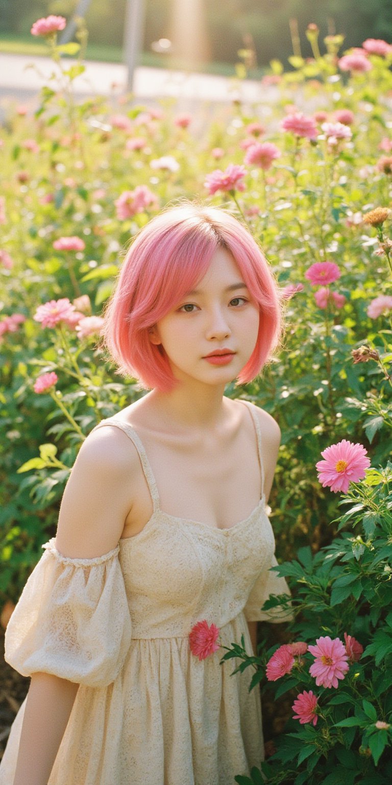 A whimsical portrait of a woman with vibrant pink hair, set against a radiant backdrop of blooming chrysanthemums in full sunlight. The delicate doll-inspired dress she wears blends seamlessly with the gentle petals, as warm rays of the sun illuminate her bright locks and dainty attire, casting a soft glow on the lush greenery that surrounds her.