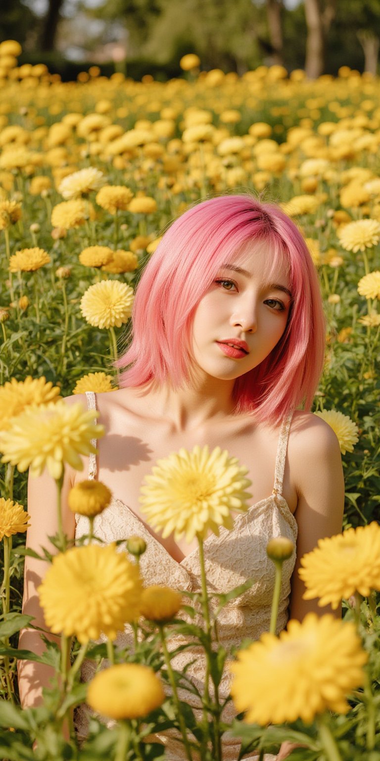 A whimsical scene unfolds: a woman with vibrant pink hair, donning a delicate doll dress, poses amidst a lush chrysanthemum garden bathed in warm sunlight. The camera frames her from a slight angle, emphasizing the playful contrast between her bold hairstyle and the soft, golden petals surrounding her.