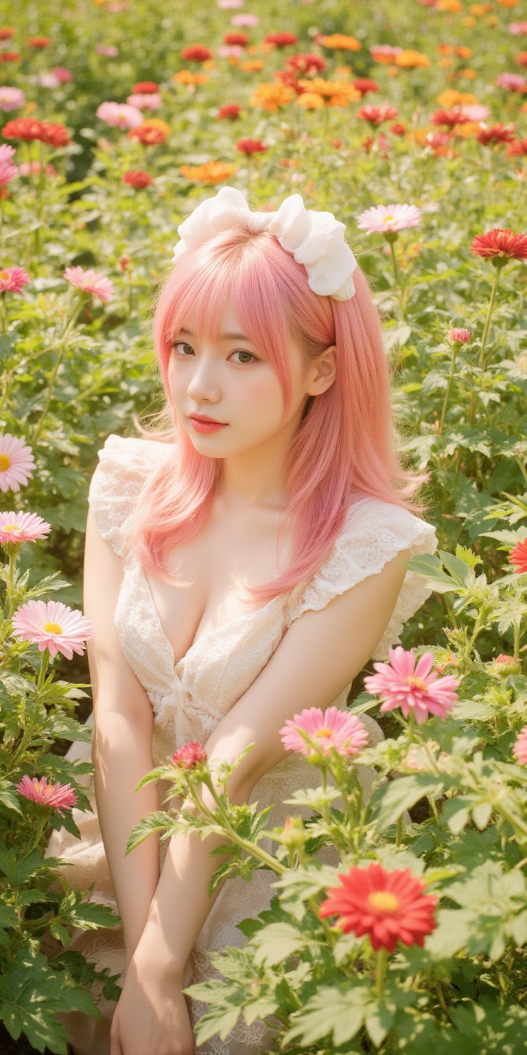 A whimsical portrait of a woman with vibrant pink hair, dressed in a delicate doll-inspired dress, surrounded by a sea of blooming chrysanthemums in full sunlight. She poses amidst the flowers, her bright locks and dainty attire harmonizing with the warm rays of the sun, casting a soft glow on the lush greenery.