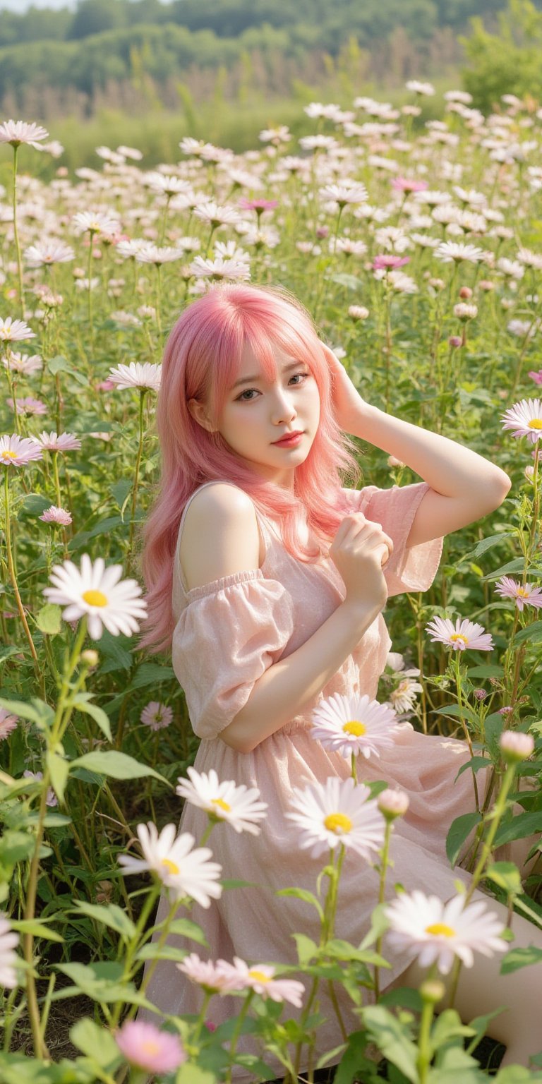 A whimsical portrait of a woman with vibrant pink hair, dressed in a delicate doll-inspired dress, surrounded by a sea of blooming chrysanthemums in full sunlight. She poses amidst the flowers, her bright locks and dainty attire harmonizing with the warm rays of the sun, casting a soft glow on the lush greenery.