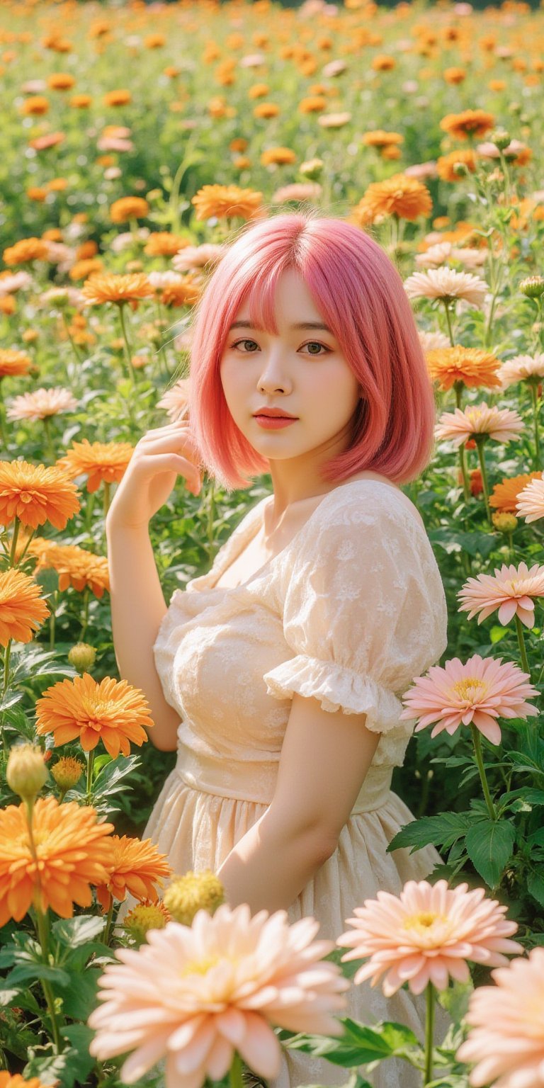 A whimsical portrait of a woman with vibrant pink hair, dressed in a delicate doll-inspired dress, surrounded by a sea of blooming chrysanthemums in full sunlight. She poses amidst the flowers, her bright locks and dainty attire harmonizing with the warm rays of the sun, casting a soft glow on the lush greenery.