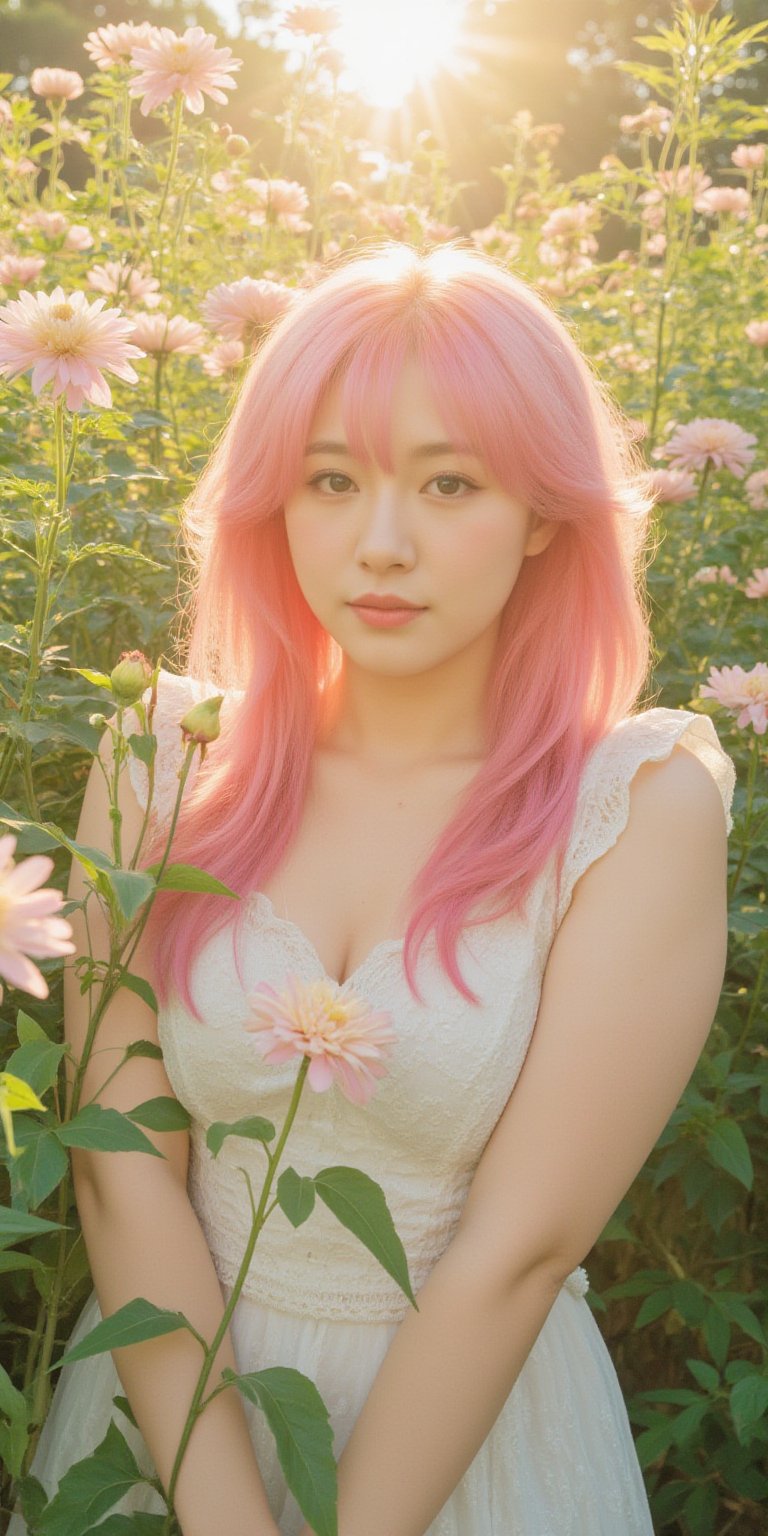 A whimsical portrait of a woman with vibrant pink hair, set against a radiant backdrop of blooming chrysanthemums in full sunlight. The delicate doll-inspired dress she wears blends seamlessly with the gentle petals, as warm rays of the sun illuminate her bright locks and dainty attire, casting a soft glow on the lush greenery that surrounds her.