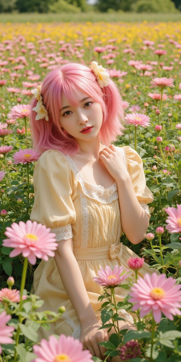 A whimsical portrait of a woman with vibrant pink hair, dressed in a delicate doll-inspired dress, surrounded by a sea of blooming chrysanthemums in full sunlight. She poses amidst the flowers, her bright locks and dainty attire harmonizing with the warm rays of the sun, casting a soft glow on the lush greenery.