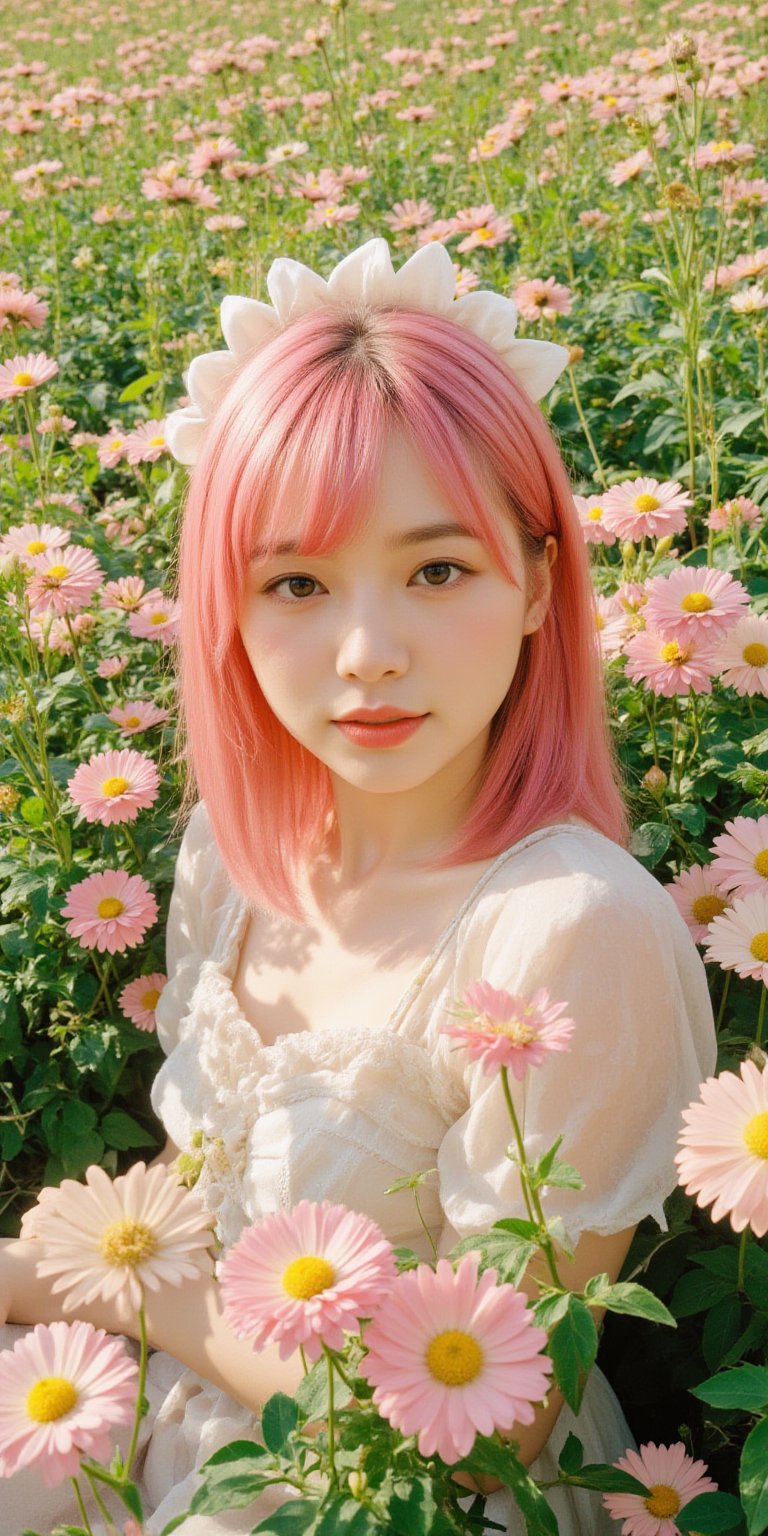 A whimsical portrait of a woman with vibrant pink hair, dressed in a delicate doll-inspired dress, surrounded by a sea of blooming chrysanthemums in full sunlight. She poses amidst the flowers, her bright locks and dainty attire harmonizing with the warm rays of the sun, casting a soft glow on the lush greenery.