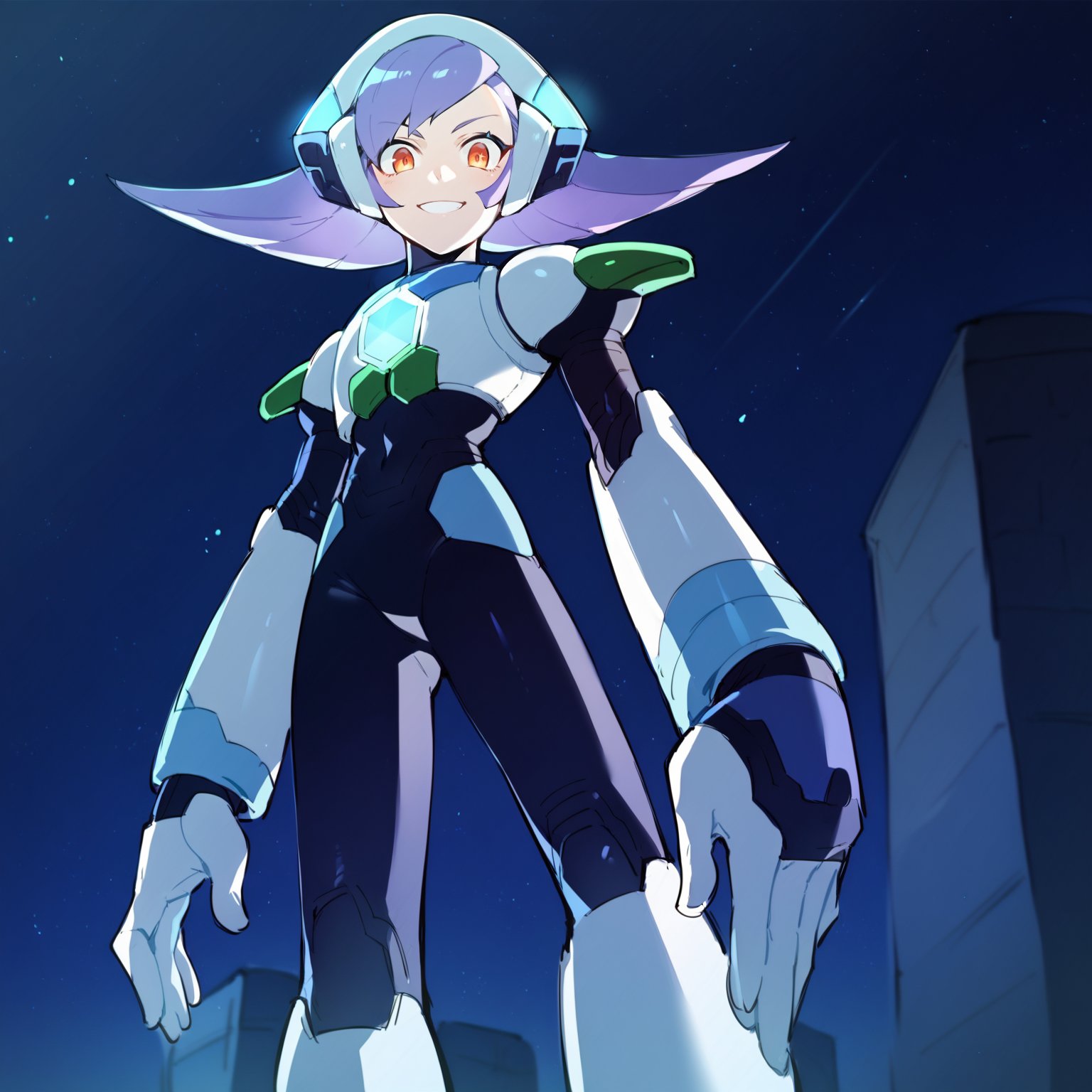 score_9, score_8_up, score_7_up, score_6_up, anime, puri, 1girl, luminex8, smile, violet hair, android, white armor, black bodysuit, night, low angle, looking at viewer, night, sky, stars,