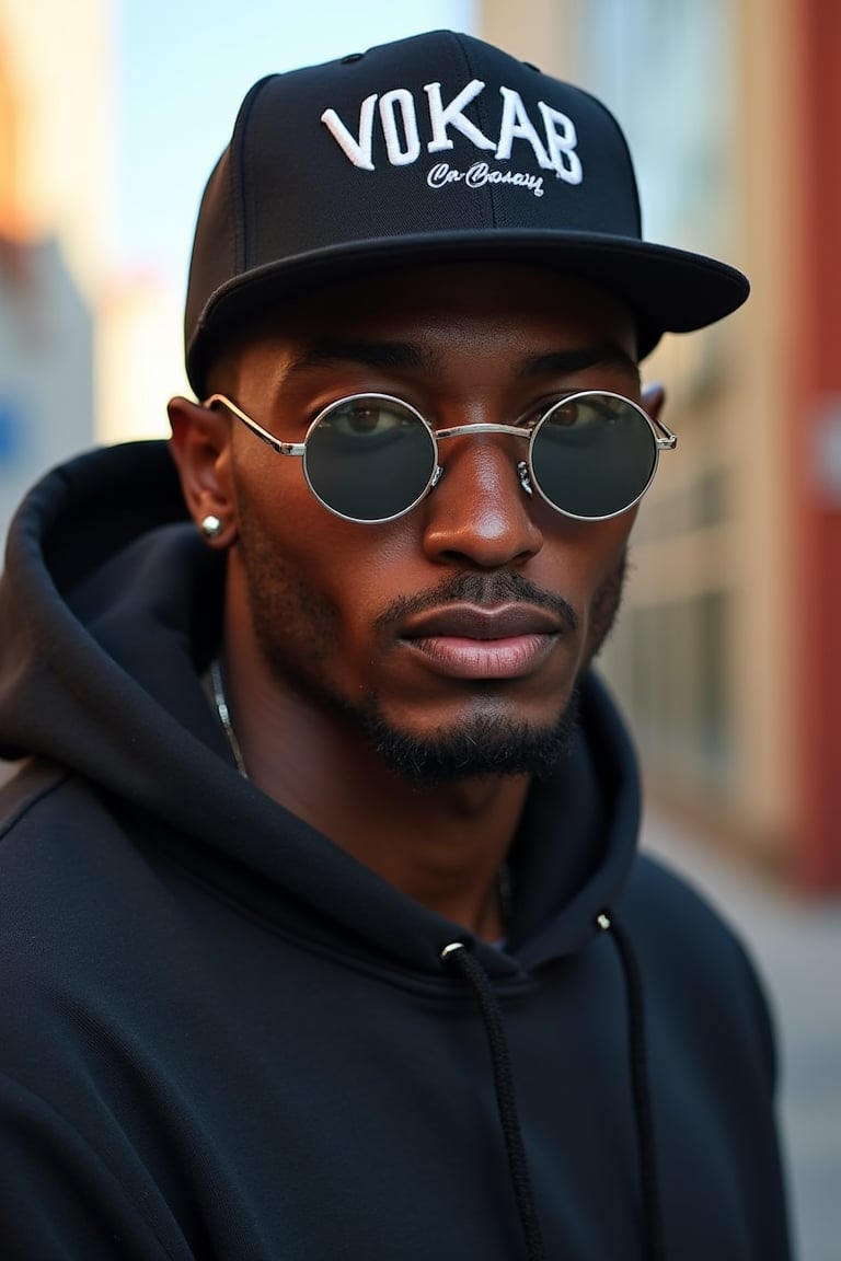 A man wearing round-shaped sunglasses, a hoodie, and a cap with VOKAB written on it, standing with a cool and confident pose, the shot framed from the waist up, natural sunlight highlighting his face, the composition centered on the man with the sunglasses reflecting a vibrant urban background, the outfit blending streetwear with a modern twist, creating a stylish and edgy atmosphere.