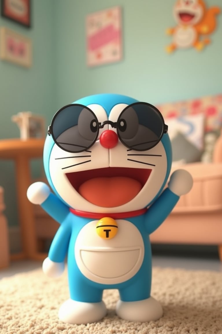 Doraemon wearing round-shaped sunglasses, in a happy mood with a cheerful expression, the shot framed from the waist up, soft natural lighting, the composition centered on Doraemon with the sunglasses reflecting a playful scene, the background featuring a cozy indoor setting with gadgets and pastel colors, creating a warm and adorable atmosphere.