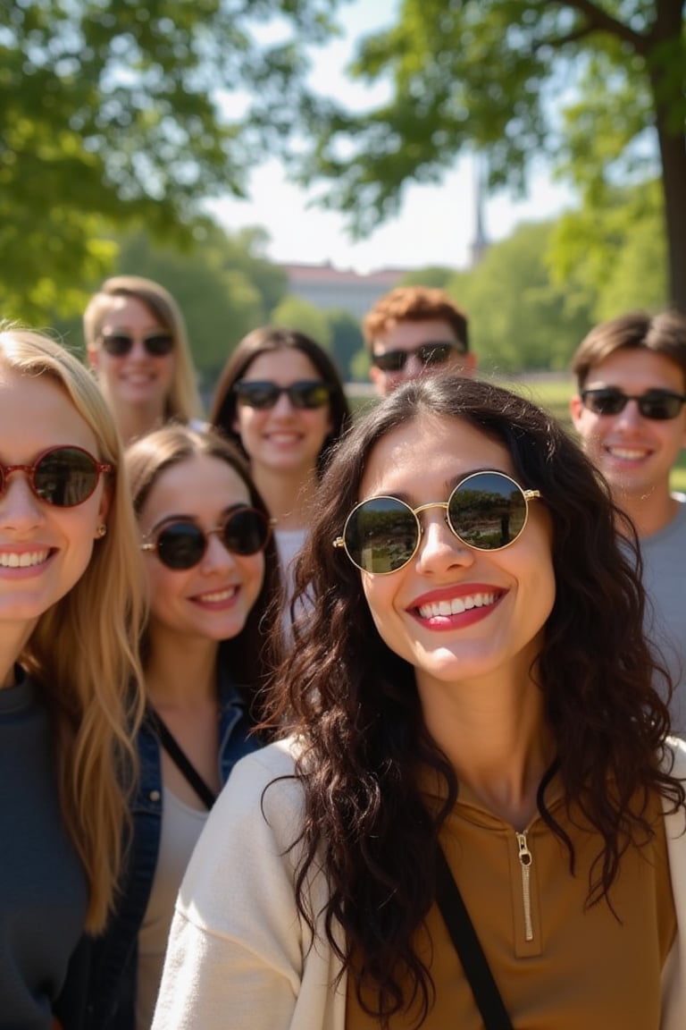 A group of university students wearing round-shaped sunglasses, standing together on a campus lawn, the shot framed from the waist up, natural sunlight highlighting their faces, the composition centered on the group with the sunglasses reflecting a lively campus scene, the students in casual outfits, creating a vibrant and youthful atmosphere.