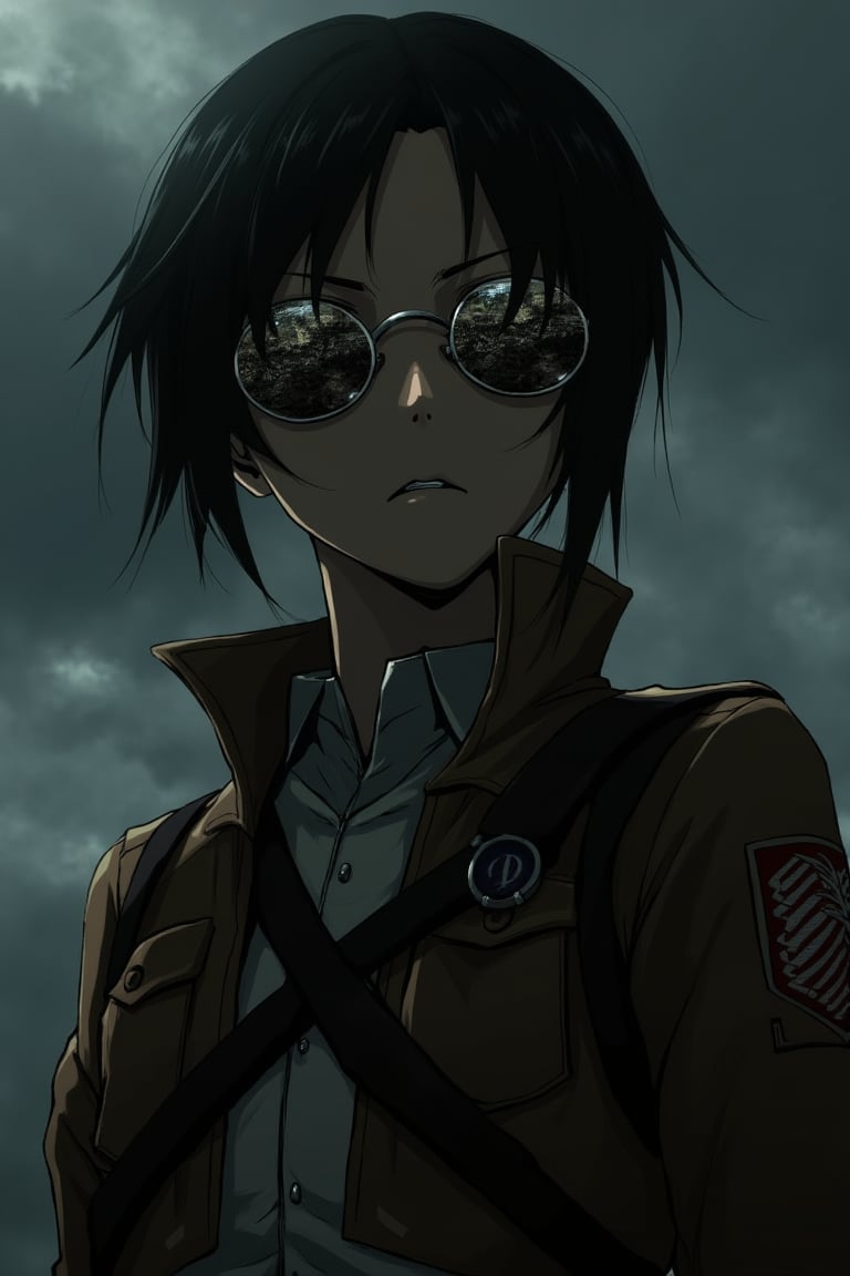 A character from Attack on Titan wearing round-shaped sunglasses, standing in a tense and strategic pose, the shot framed from the waist up, dark and moody lighting, the composition centered on the character with the sunglasses reflecting a chaotic battlefield, the outfit blending military gear with a modern twist, creating a gritty and intense atmosphere.