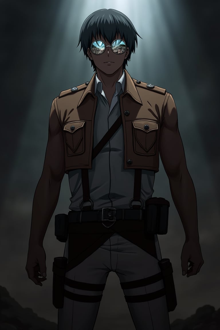 A character from Attack on Titan wearing round-shaped sunglasses, standing in a tense and strategic pose, the shot framed from the waist up, dark and moody lighting, the composition centered on the character with the sunglasses reflecting a chaotic battlefield, the outfit blending military gear with a modern twist, creating a gritty and intense atmosphere.