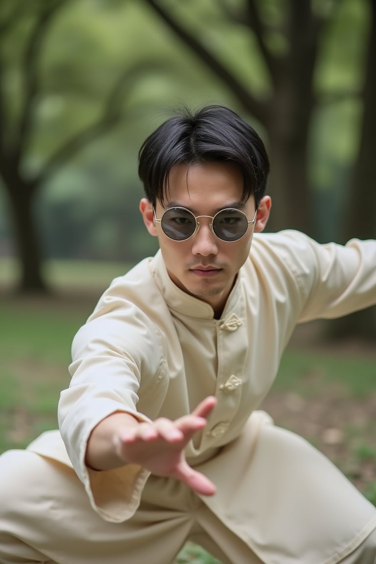 A kungfu man wearing round-shaped sunglasses, performing a tai chi move in action, the shot framed from a low angle to capture the fluidity of the movement, soft natural lighting, the composition centered on the man with the sunglasses reflecting a serene park background, the man's outfit blending traditional kungfu attire with a modern twist, creating a dynamic and harmonious atmosphere.