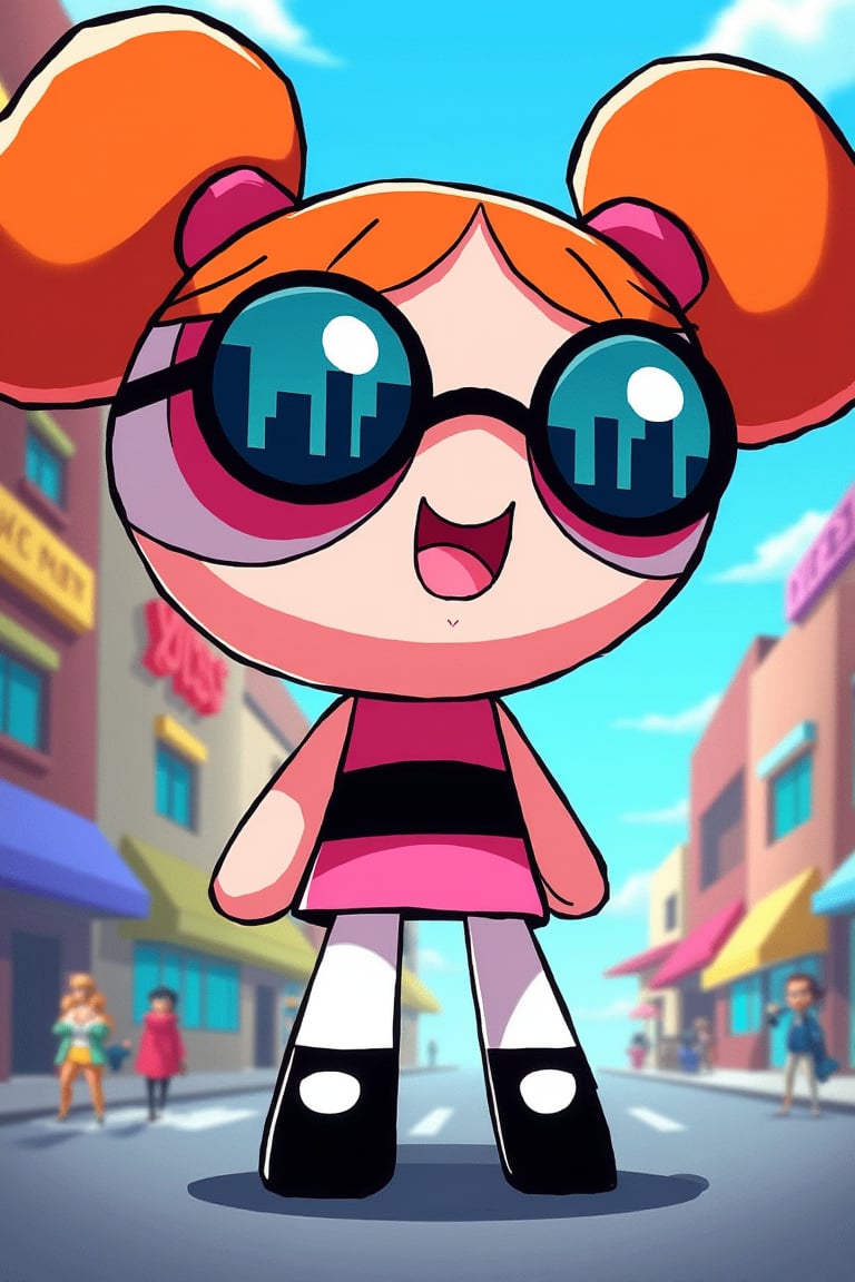 A Powerpuff Girl wearing round-shaped sunglasses, standing with a confident and playful expression, the shot framed from the waist up, vibrant anime-style illustration with bold colors and dynamic lines, the composition centered on the Powerpuff Girl with the sunglasses reflecting a cityscape, the background featuring a colorful and action-packed scene, capturing the iconic and energetic essence of the character.