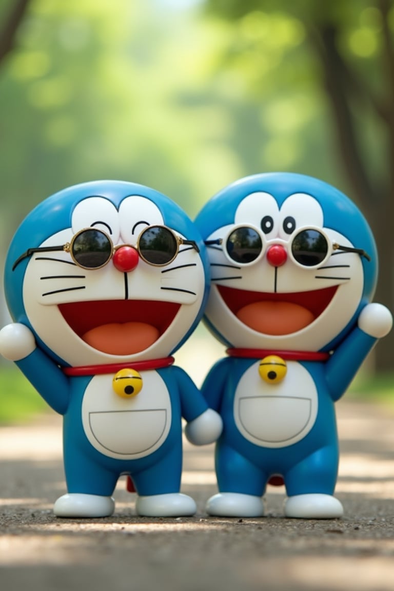 Doraemon and Nobita wearing round-shaped sunglasses, standing together with playful expressions, the shot framed from the waist up, soft natural lighting, the composition centered on the duo with the sunglasses reflecting a serene park background, Doraemon's gadgets and Nobita's school uniform blending seamlessly, creating a fun and nostalgic atmosphere.