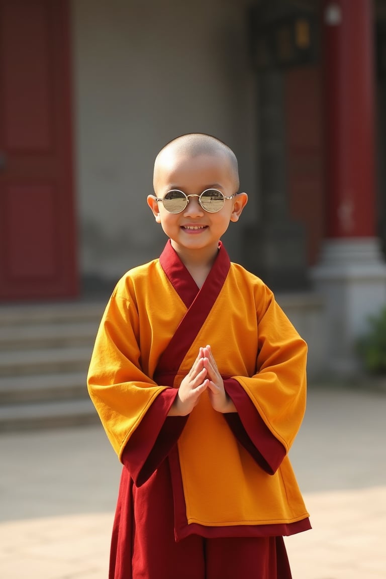 A Shaolin kid wearing round-shaped sunglasses, standing in a traditional martial arts pose with a happy face, the shot framed from the waist up, soft natural lighting, the composition centered on the kid with the sunglasses reflecting a serene temple background, the kid's outfit blending traditional Shaolin attire with a modern twist, creating a playful and unique atmosphere.