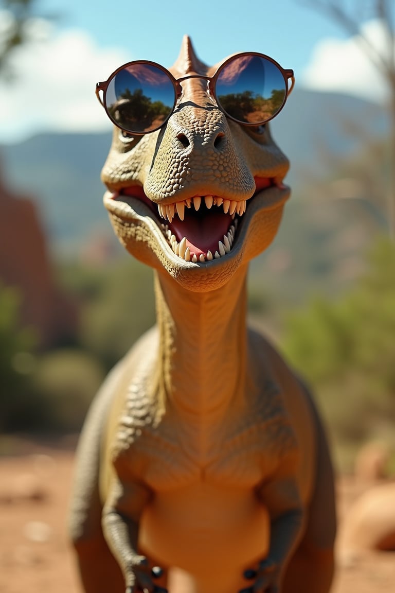 A dinosaur wearing round-shaped sunglasses, standing with a happy expression, the shot framed from the waist up, natural sunlight highlighting the dinosaur's face, the composition centered on the dinosaur with the sunglasses reflecting a vibrant prehistoric landscape, the dinosaur in a playful pose, creating a whimsical and imaginative atmosphere.