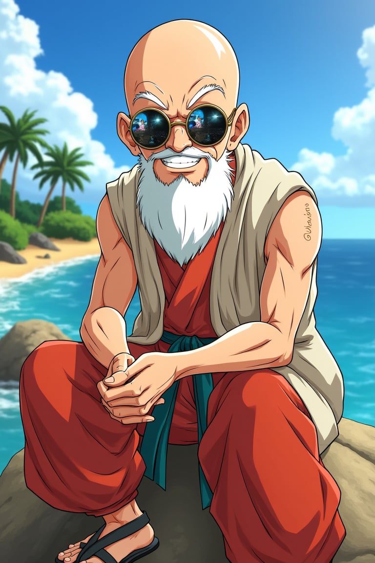 Master Roshi from Dragon Ball wearing round-shaped sunglasses, sitting on a rock with a mischievous grin, the shot framed from the waist up, vibrant anime-style illustration with bold colors and dynamic lines, the composition centered on Master Roshi with the sunglasses reflecting a scene of Goku and Krillin training, the background featuring a serene island with palm trees and ocean waves, capturing the iconic and humorous essence of the character.