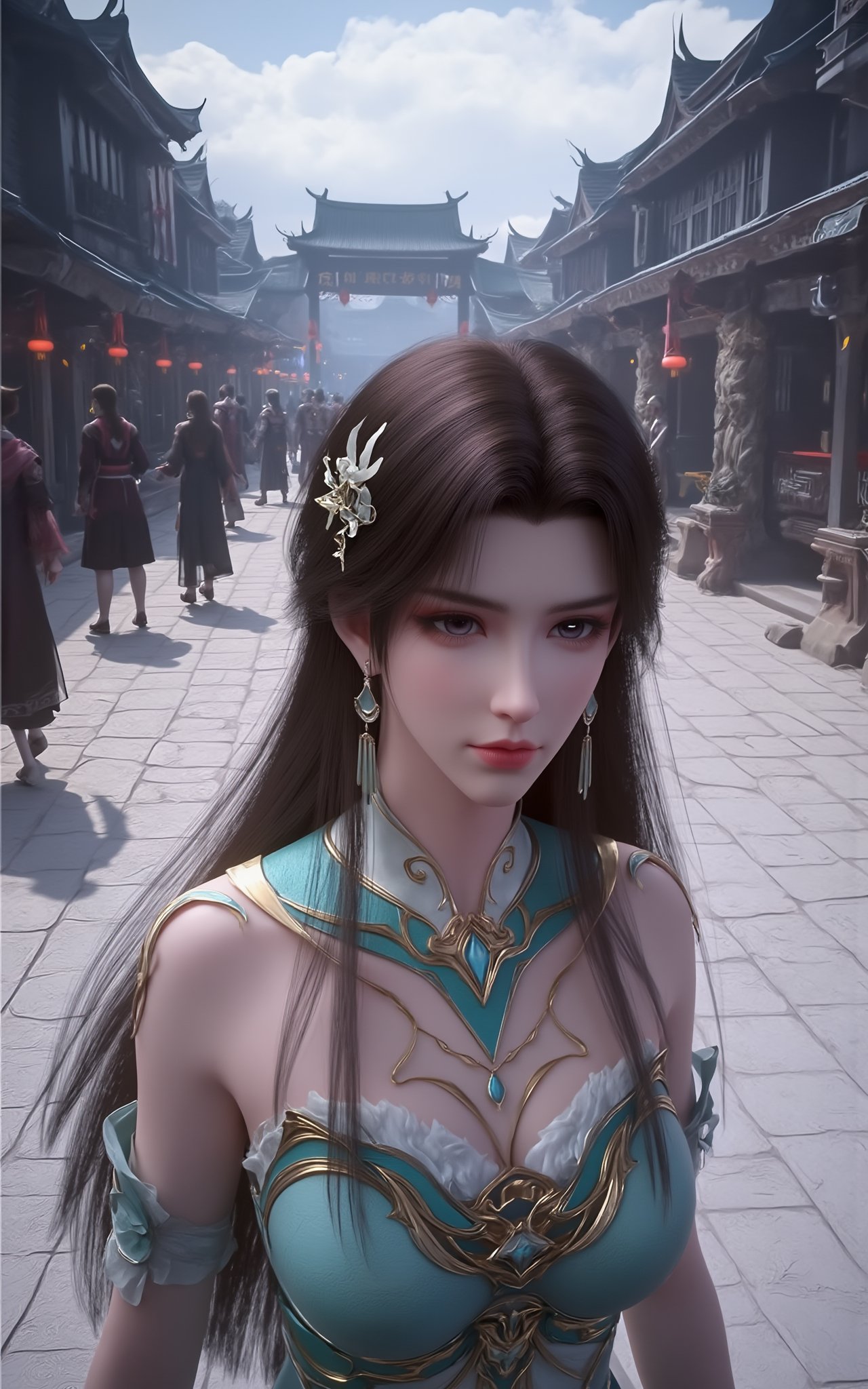 (masterpiece, best quality:1.2),1girl,looking at viewer,(huge breasts:1.88),Depth of field,1girl,Xguxuner,Xzhigui,Xmeidusha,(The background is the prosperous Chang'an Street in ancient China:1.23)