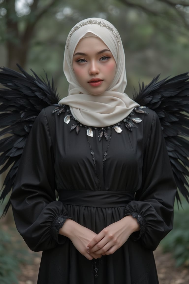 a woman dressed in a black dress, adorned with a white hijab around her neck and a white headband. She is standing with her hands clasped in front of her. Her wings are adorned with black feathers, adding a touch of warmth to her outfit. The background is blurred, creating a stark contrast to the woman's outfit.,Un4d