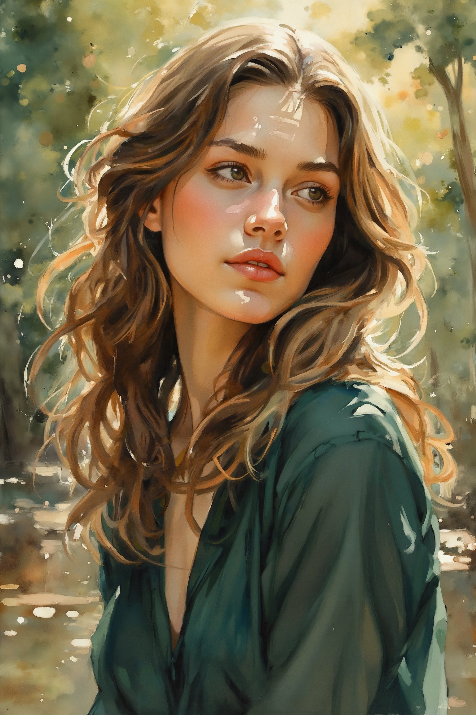 Watercolor style portrait of a young woman with soft, flowing hair. Her expression is thoughtful, gazing slightly away from the viewer. She’s wearing a deep emerald green blouse, with a warm, natural glow from sunlight filtering through nearby trees. Subtle blush tones highlight her cheeks, and gentle shadows fall across her face. The background fades into an abstract blend of soft forest greens and browns, with the occasional splash of light creating a serene, reflective atmosphere. High contrast between her figure and the background adds depth and focus.