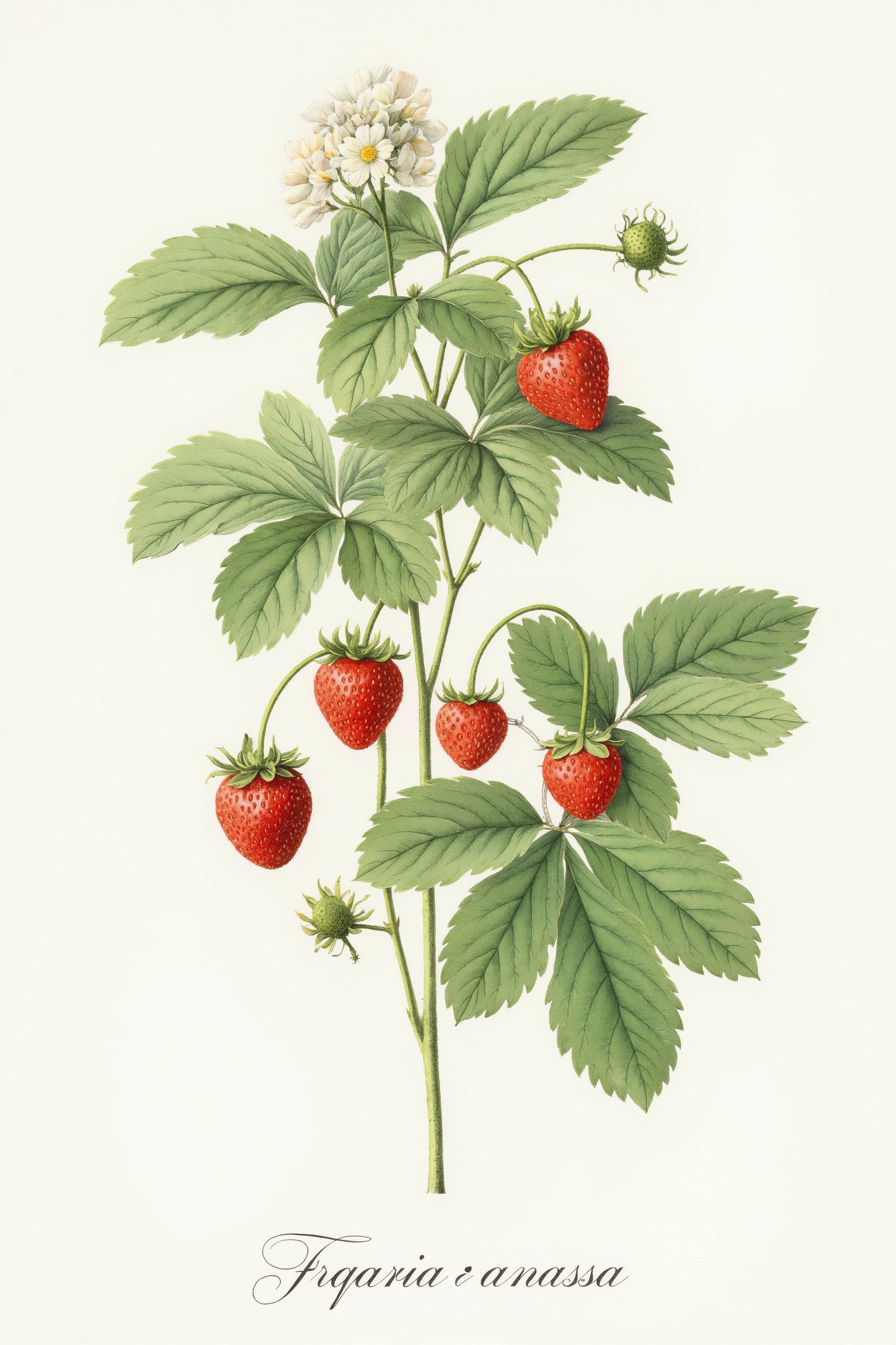 Watercolor style botanical illustration of a strawberry plant, with lush green leaves and delicate white flowers in full bloom. Ripe, bright red strawberries hang from slender stems, their seeds and texture meticulously detailed. The leaves show intricate vein patterns, and the entire plant is depicted with soft, flowing brushstrokes against a clean, white background. At the bottom of the image, the name ‘Fragaria × ananassa’ is handwritten in an elegant, flowing script, giving the illustration a classic, scientific feel.