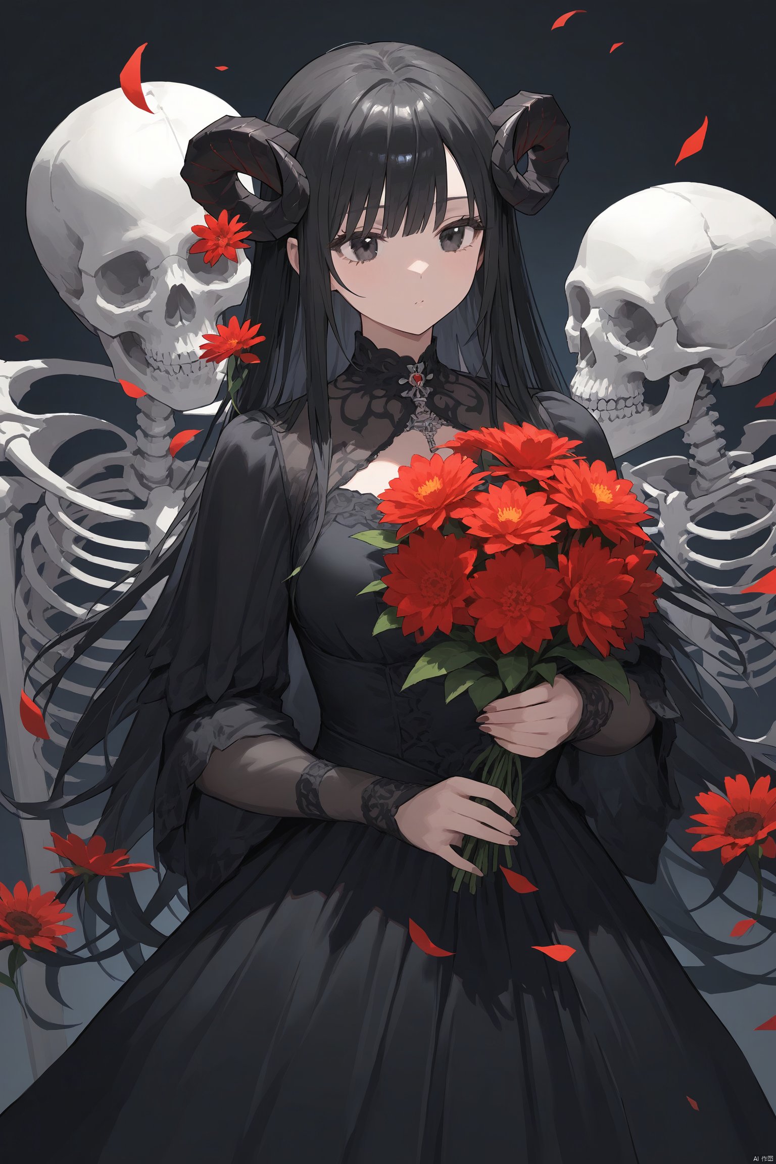 1girl, solo, best quality, detailed, holding flower, horns, black eyes, long hair, black hair, black dress, jewelry, skeleton, red flower, skull, bouquet