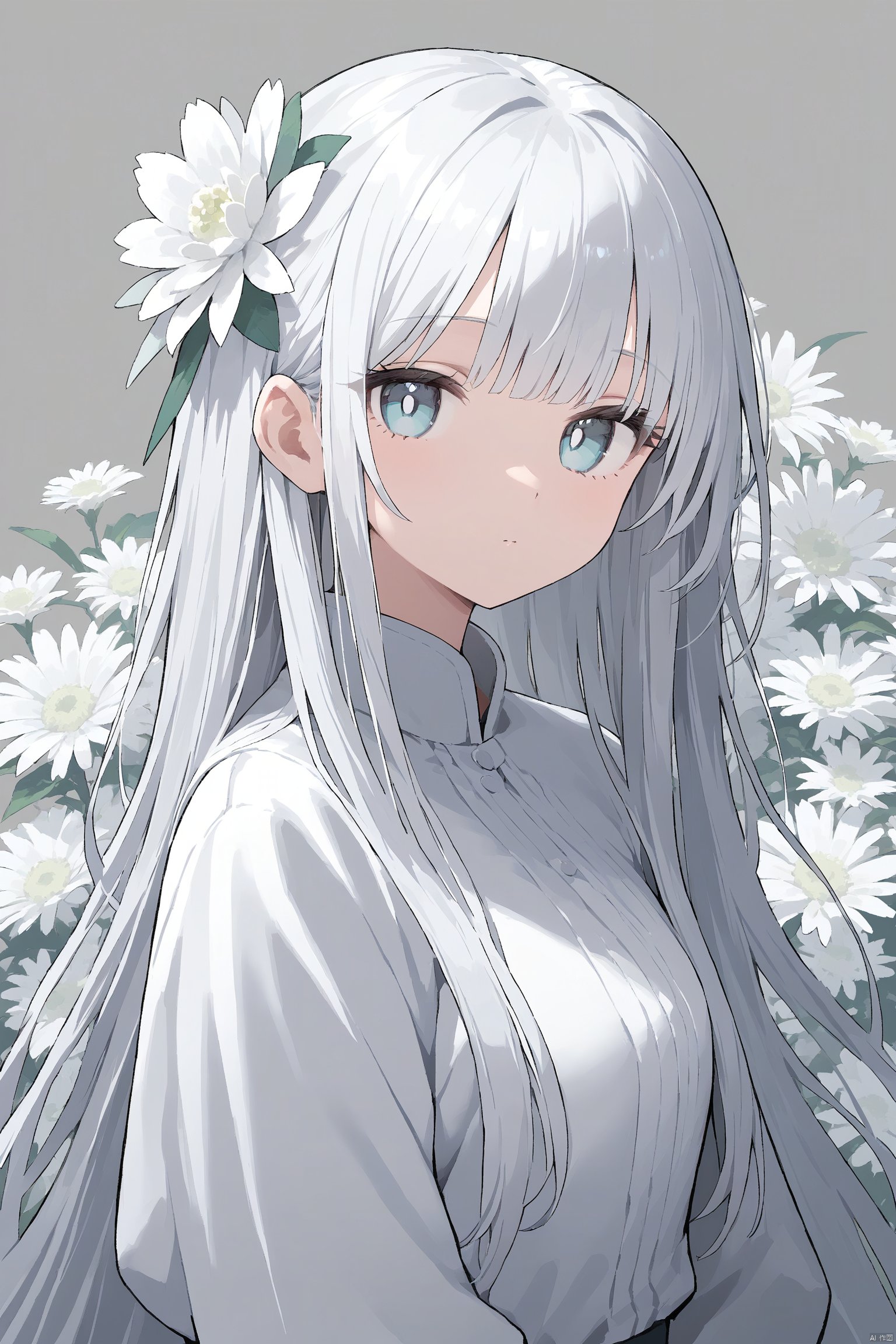 (masterpiece),(best quality),1girl, bangs, bright_pupils, closed_mouth, flower, grey_background, hair_ornament, long_hair, looking_at_viewer, solo, upper_body, very_long_hair, white_flower, white_pupils