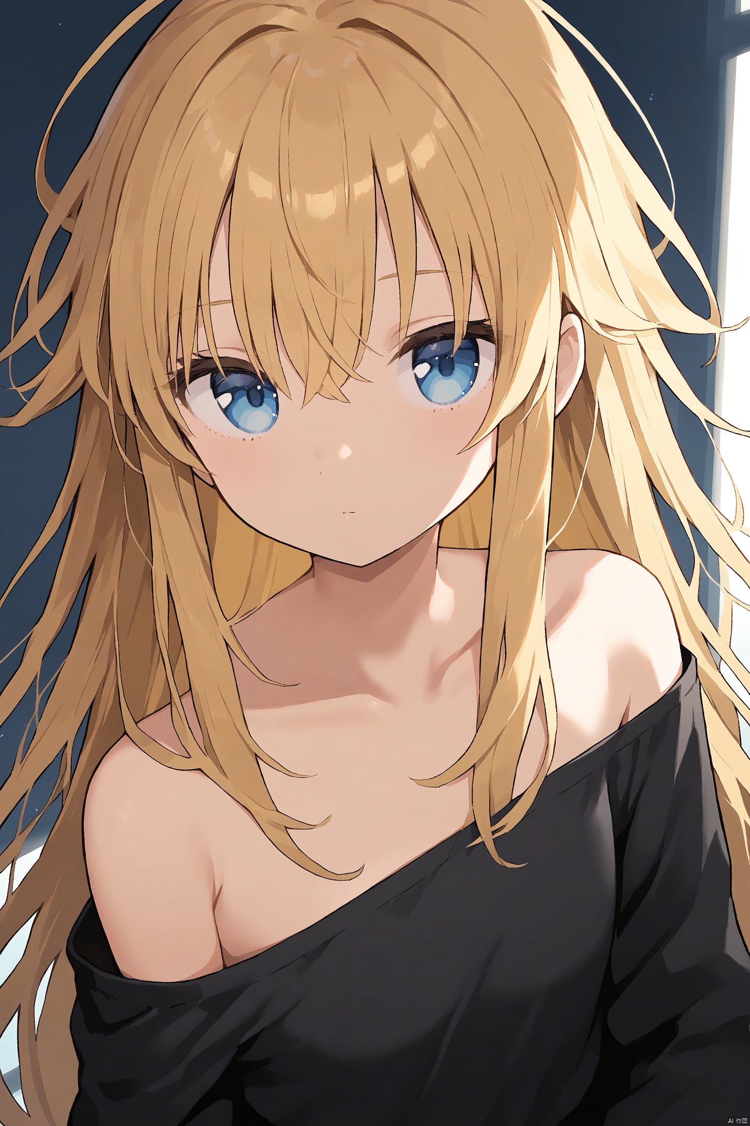 1girl, solo, long_hair, blue_eyes, looking_at_viewer, shirt, upper_body, black_shirt, bangs, collarbone, blonde_hair, long_sleeves, closed_mouth, messy_hair, hair_between_eyes, bare_shoulders, off_shoulder