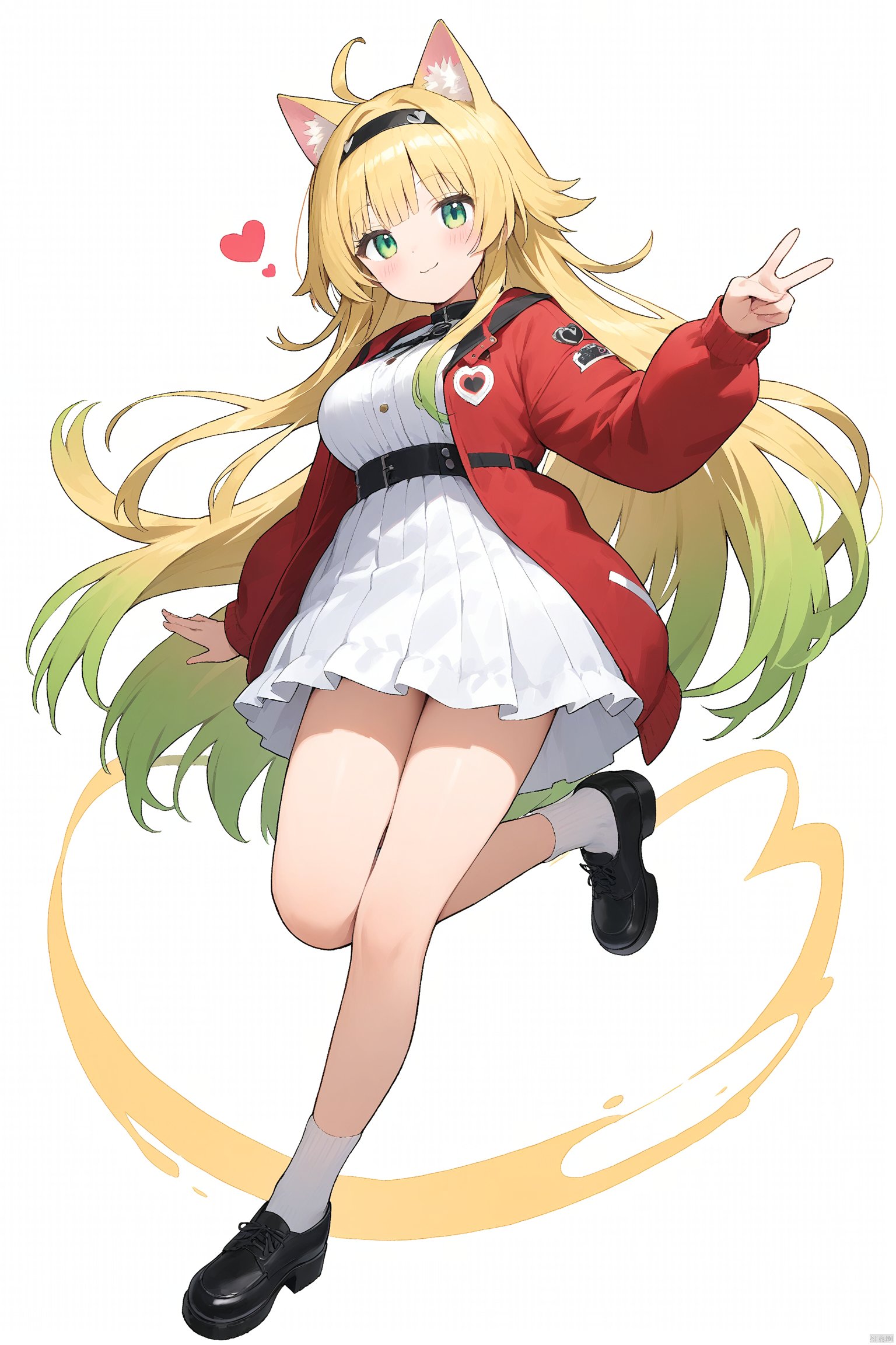 1girl, animal ears, dress, v, white dress, blonde hair, smile, heart, red jacket, long hair, socks, jacket, black footwear, solo, white background, white socks, multicolored hair, full body, breasts, hairband, looking at viewer, green hair, green eyes, gradient hair, bangs, cat ears, shoes, blush, open jacket, long sleeves, simple background