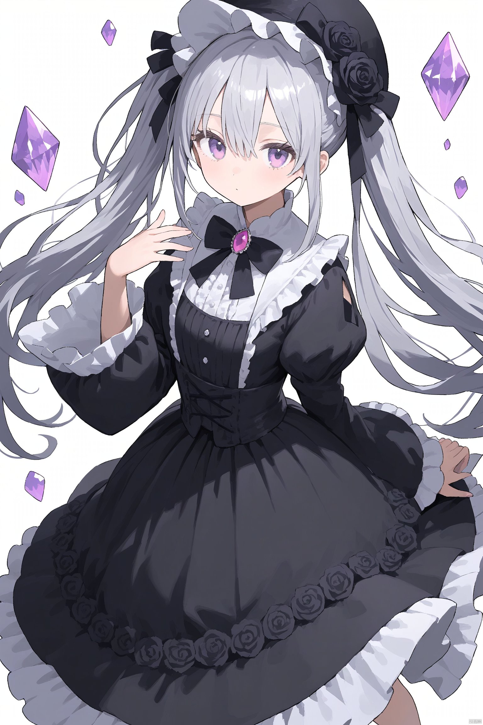 1girl, solo, long hair, looking at viewer, bangs, simple background, hair ornament, long sleeves, hat, white background, dress, bow, ribbon, hair between eyes, twintails, purple eyes, flower, grey hair, frills, puffy sleeves, wide sleeves, bowtie, black dress, black bow, rose, frilled dress, gem, lolita fashion, crystal, floating object