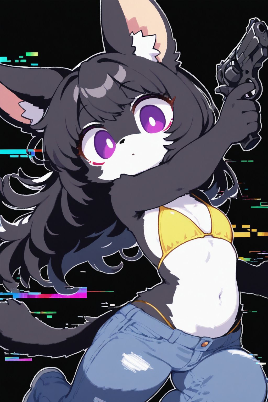 1girl, solo, dynamic pose, furry, glitch art, black background, black hair, animal ears, tail, black fur, purple eyes, Bikini, jeans, pistol, cyberpunk 