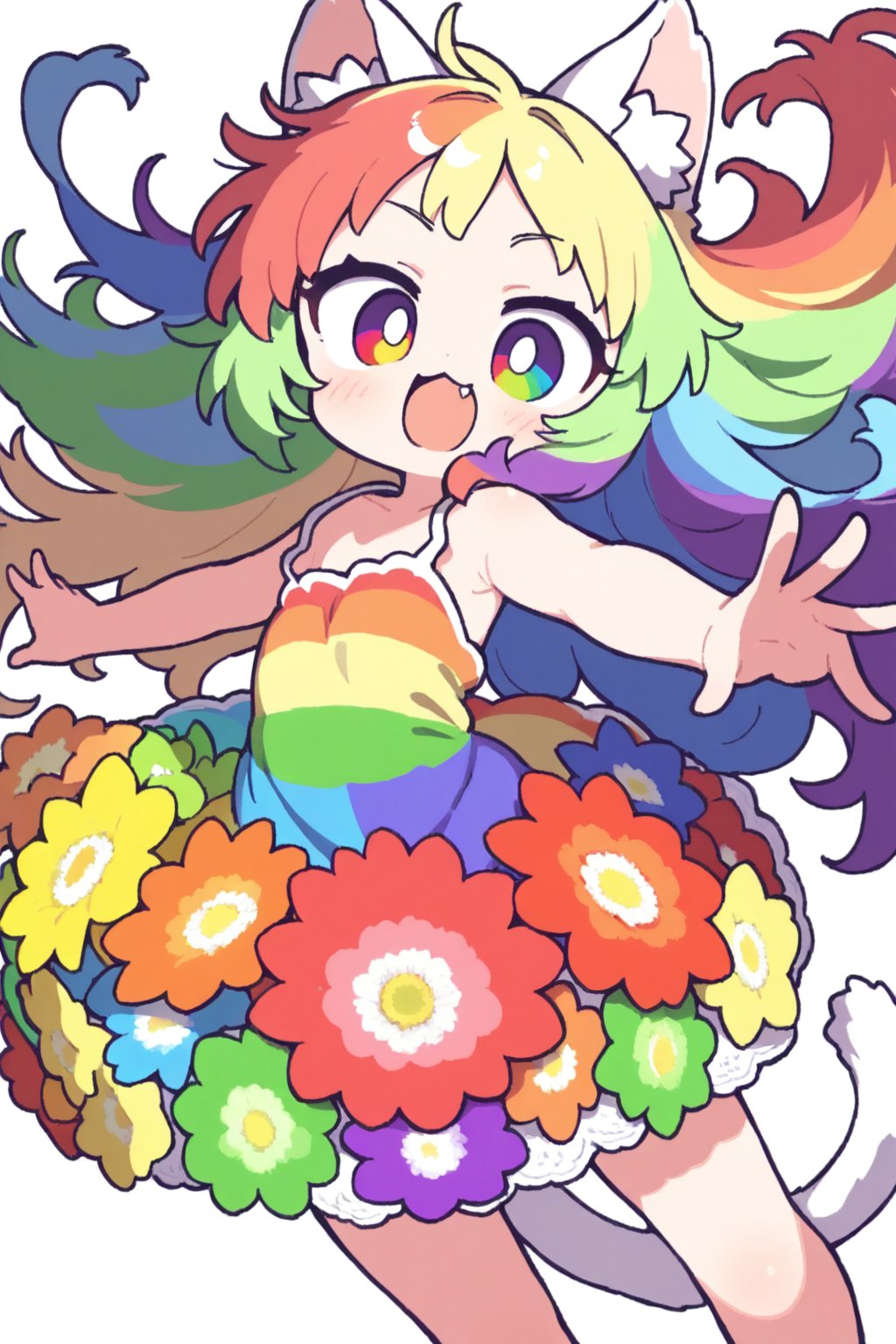 1girl, solo, dynamic pose, rainbow hair, long hair, rainbow eye, (many rainbow flower:1.2), Front View, rainbow dress, cat ear, tail, open mouth, fang, :3