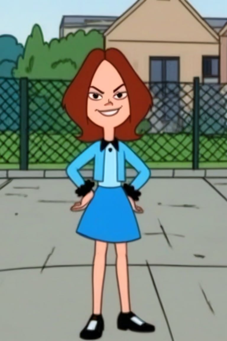 solo, 1girl ,standing, looking at viewer, hand on own hip, outdoors, gates, smirk,Ashley Quinlan,Brown Hair,Medium Hair,Makeup,Blue shirt,Blue jacket,Blue Skirt,Black shoes