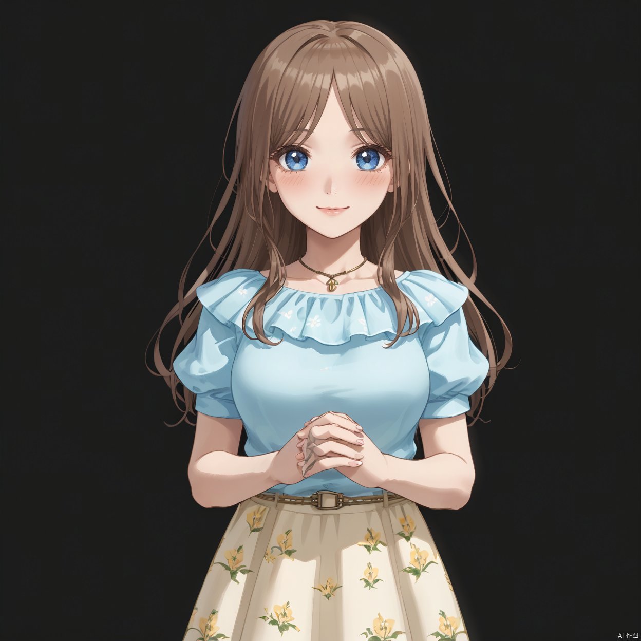 1girl, solo, long hair, breasts, looking at viewer, blush, smile, blue eyes, skirt, simple background, brown hair, shirt, jewelry, short sleeves, puffy sleeves, necklace, floral print, own hands together, blue shirt, black background, long skirt,Nagasaki Soyo,bangs