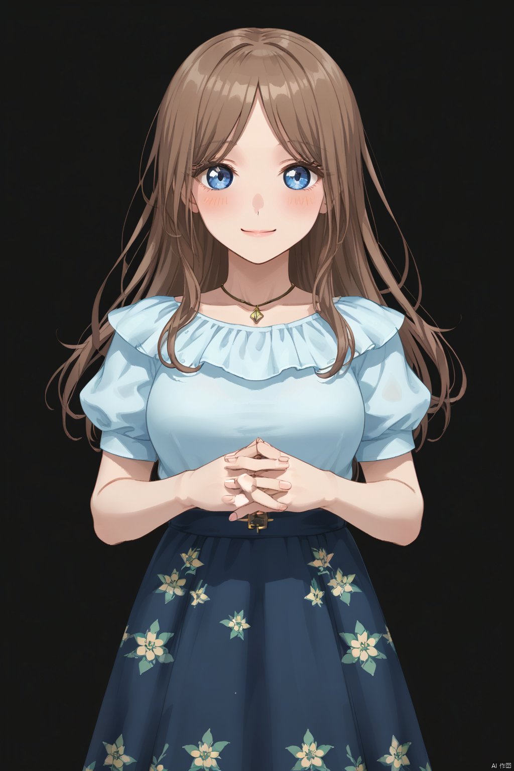 1girl, solo, long hair, breasts, looking at viewer, blush, smile, blue eyes, skirt, simple background, brown hair, shirt, jewelry, short sleeves, puffy sleeves, necklace, floral print, own hands together, blue shirt, black background, long skirt,Nagasaki Soyo,bangs