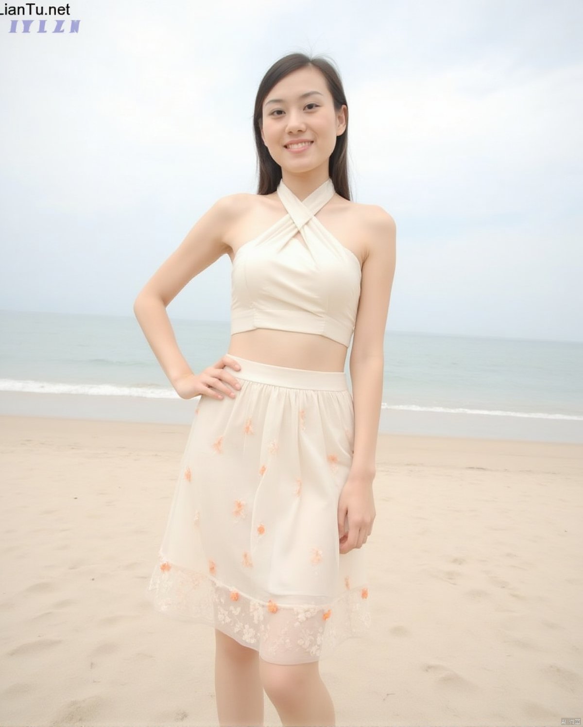 a young Asian woman is standing on a beach, smiling and posing for the camera. She is dressed in a two-piece outfit, adorned with a white blouse and a white skirt adorned with orange flowers. Her hair is pulled back in a ponytail, adding a pop of color to her face. The backdrop, a sandy beach meets the ocean, creating a peaceful backdrop. The sky is a pale blue, with a few wispy clouds, adding depth to the scene. In the top right corner of the image, a watermark"SUNSHINE" is visible.