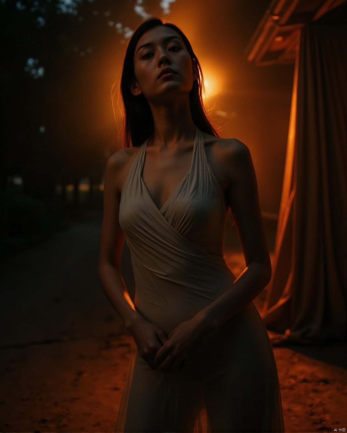 A mystical evening unfolds as a single subject, bathed in warm, vivid illumination, poses majestically against a backdrop of deep contrast. Her exquisitely detailed skin glows with a cinematic sheen, finely textured and imbued with natural nuance. The Fujifilm XT3 captures the scene's mastery, as the 8K resolution and high-contrast ratio render an ultra-detailed portrait. Film grain at 1.2 adds depth to the mystical atmosphere, where the subject's enigmatic expression is framed by a harmonious composition, evoking an immersive visual experience.