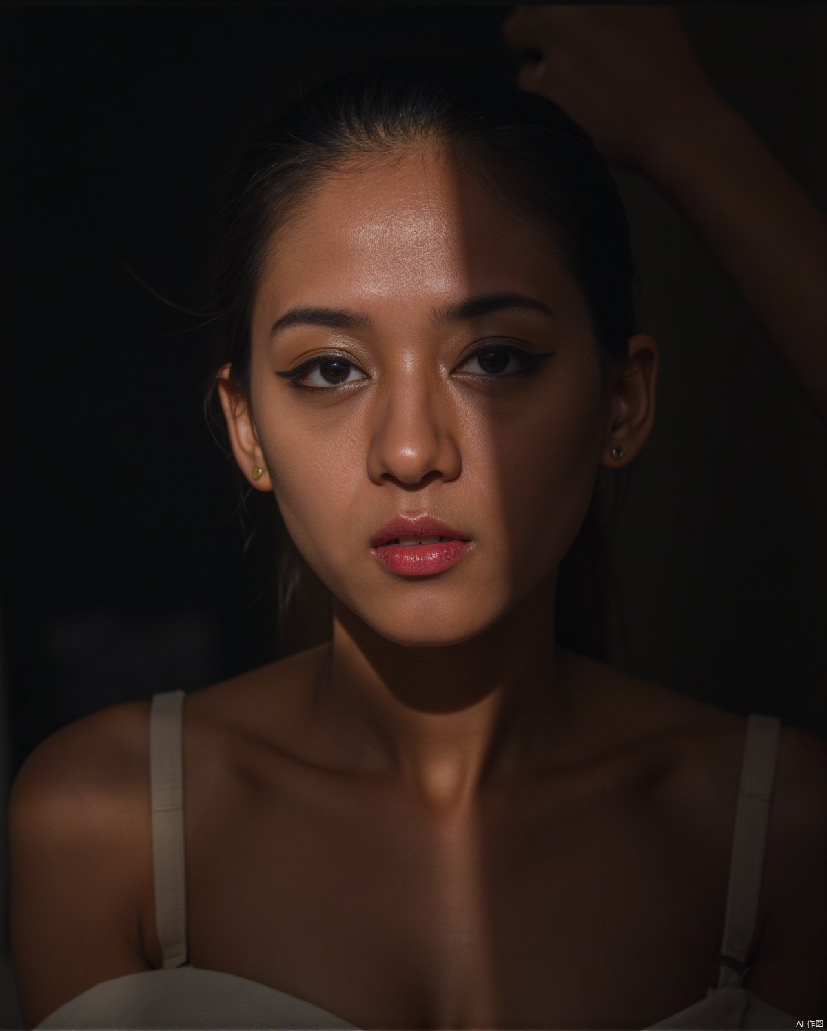 A majestic, 4K RAW image of a single girl, captured with the Fujifilm XT3, radiates cinematic grandeur. Her exquisitely detailed skin, with natural texture and subtle sheen, is bathed in bright, vivid illumination. The finely detailed face, rendered with masterful technique, appears almost three-dimensional. A mysterious atmosphere unfolds, thanks to contrast-rich lighting and harmonious composition, drawing the viewer into an immersive scene that demands attention.